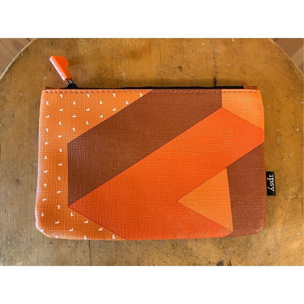 Ipsy X Tetris Make Up Bag Orange Zippered Faux Leather Textured Geometric Print